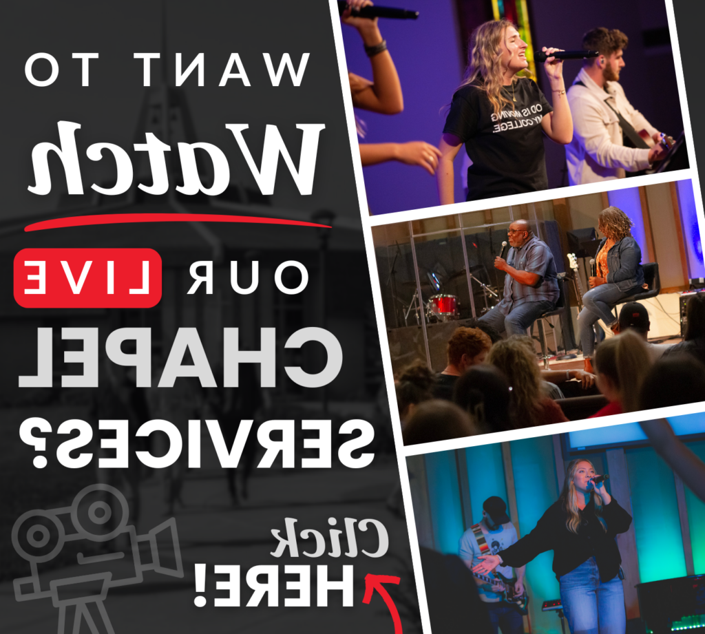 Collage promoting live chapel services with people speaking on stage and an audience. Text reads: "Want to watch our live chapel services? Click here!.